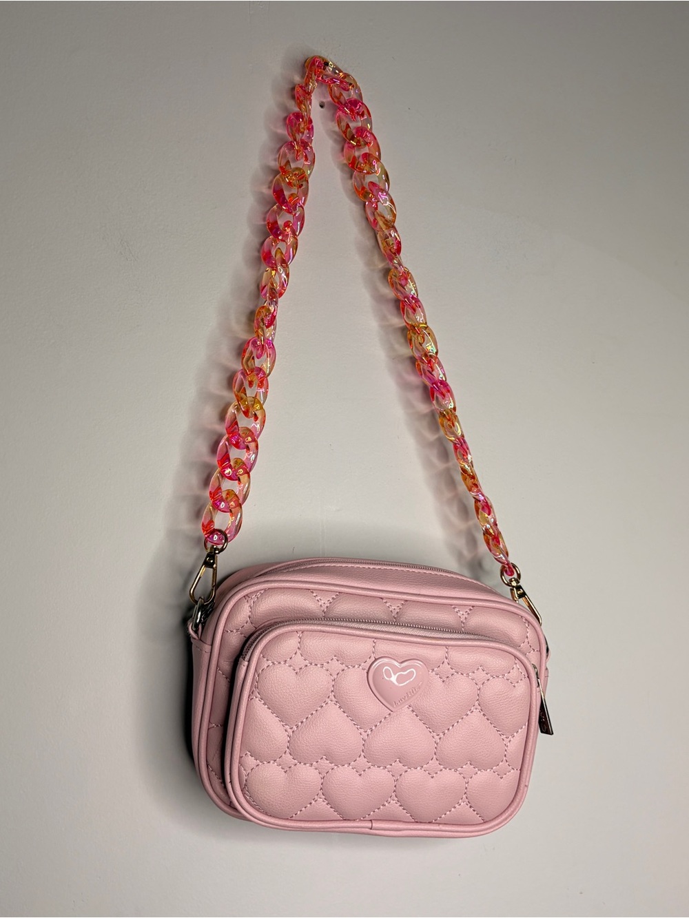 Luv‎ Betsy Pink Quilted Heart Crossbody Bag with Chain Strap Purse